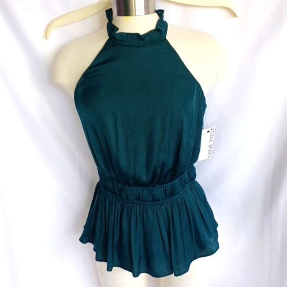 Nine West Sleeveless Ruffle Halter Peplum Top, Forest Green, XS, 19"PTP, 24"L - Picture 3 of 7